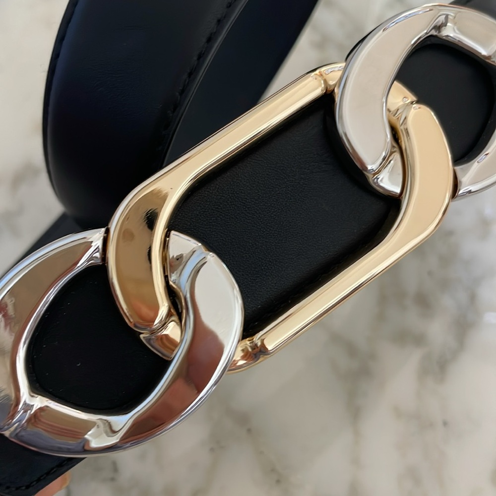 NEW Rachel Zoe Leather Black Gold Silver Metal Belt. Size S-M - Picture 5 of 6